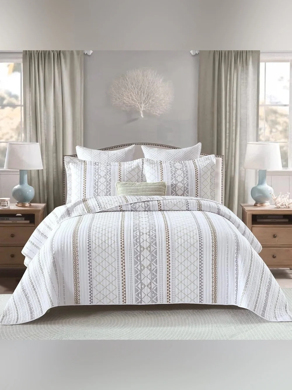Striped Geometric Cotton 3 piece Queen quilt set White & Taupe